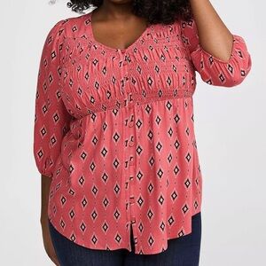 Torrid 3X Challis Smocked 3/4 Sleeve Babydoll Dark Pink Medallion Multi Blouse